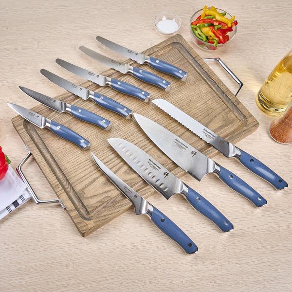 Restaurantware Sensei Blue Damascus Steel 10-Piece Knife Set - 1 Count Box