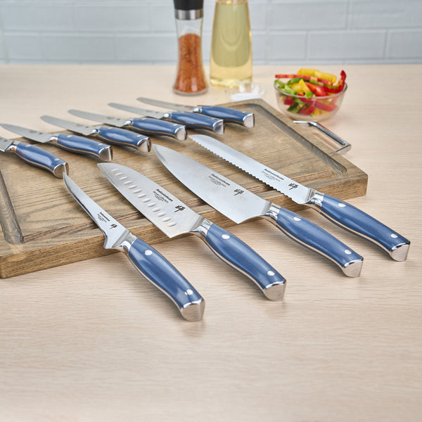 Restaurantware Sensei Blue Damascus Steel 10-Piece Knife Set - 1 Count Box
