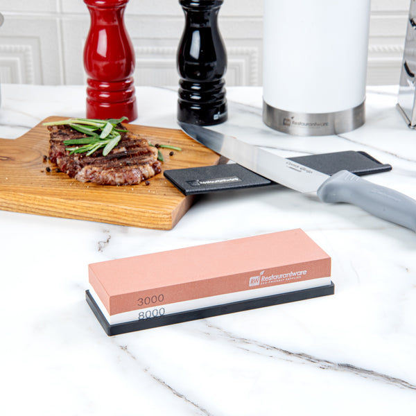 Restaurantware Sensei Whetstone Knife Sharpening Set - 3000/8000 Silicone Holder - 1 Count Box