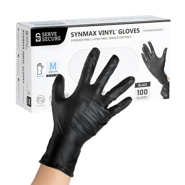 Restaurantware Serve Secure Black Medium Synmax Vinyl Gloves - Powder-Free Latex-Free - 9" X 3 3/4" - 1000 Count Box