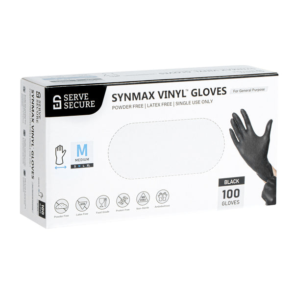 Restaurantware Serve Secure Black Medium Synmax Vinyl Gloves - Powder-Free Latex-Free - 9" X 3 3/4" - 1000 Count Box