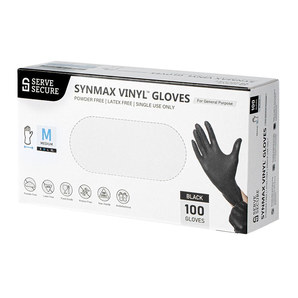 restaurantware Serve Secure Black Medium Synmax Vinyl Gloves - Powder-Free Latex-Free - 9" x 3 3/4" - 1000 count box