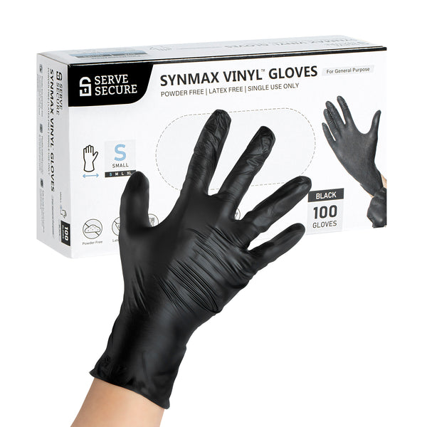 Restaurantware Serve Secure Black Small Synmax Vinyl Gloves - Powder-Free Latex-Free - 9" X 3 1/4" - 1000 Count Box
