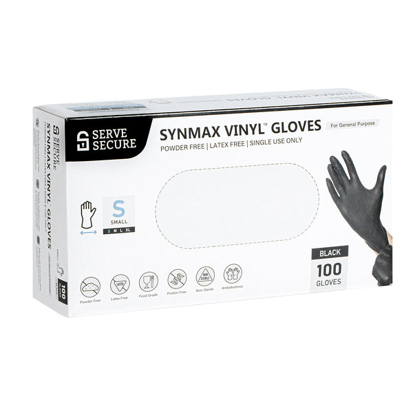 Restaurantware Serve Secure Black Small Synmax Vinyl Gloves - Powder-Free Latex-Free - 9" X 3 1/4" - 1000 Count Box