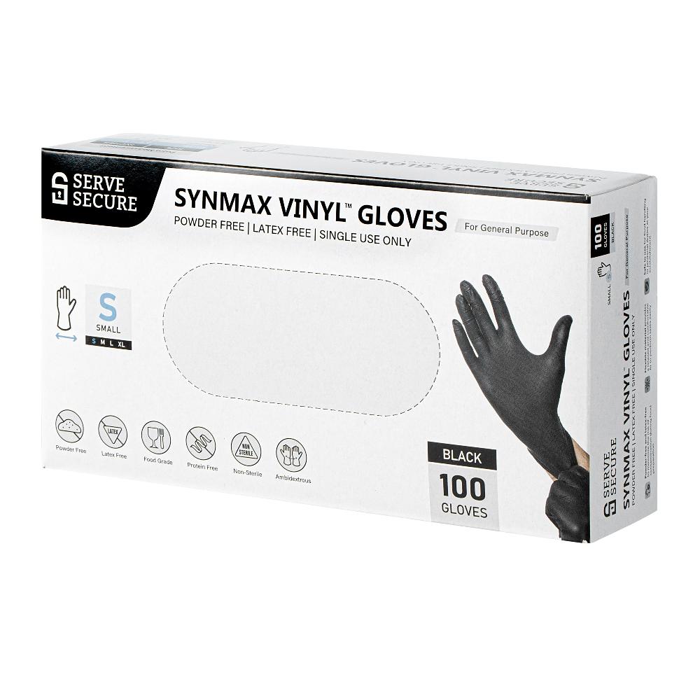 restaurantware Serve Secure Black Small Synmax Vinyl Gloves - Powder-Free Latex-Free - 9" x 3 1/4" - 1000 count box