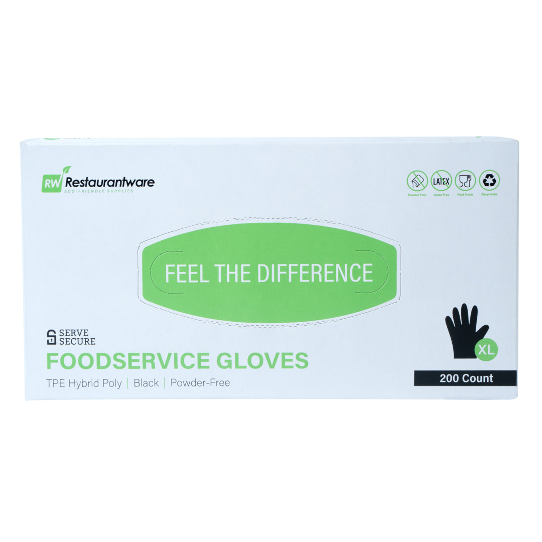 restaurantware Serve Secure Black TPE Hybrid Plastic Extra Large Foodservice Gloves - Latex Free Powder Free - 10 1/4" x 9 3/4" - 1000 count box