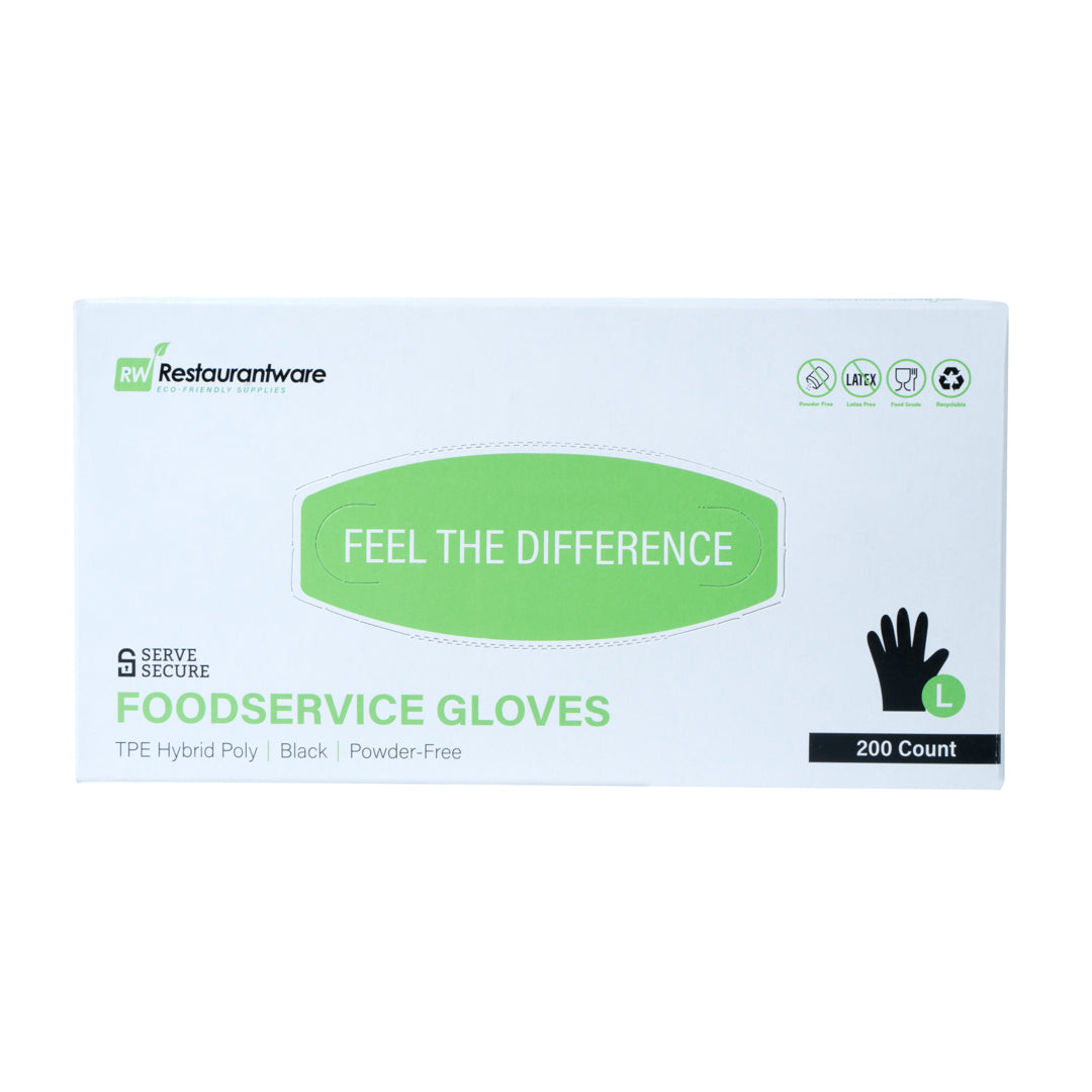 restaurantware Serve Secure Black TPE Hybrid Plastic Large Foodservice Gloves - Latex Free Powder Free - 10" x 9 1/4" - 1000 count box