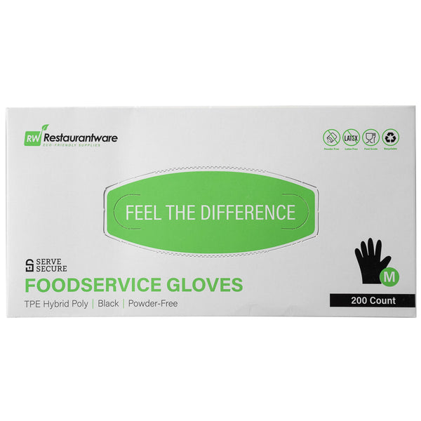 Restaurantware Serve Secure Black TPE Hybrid Plastic Medium Foodservice Gloves - Latex Free Powder Free - 10 1/4" X 8 1/2" - 1000 Count Box