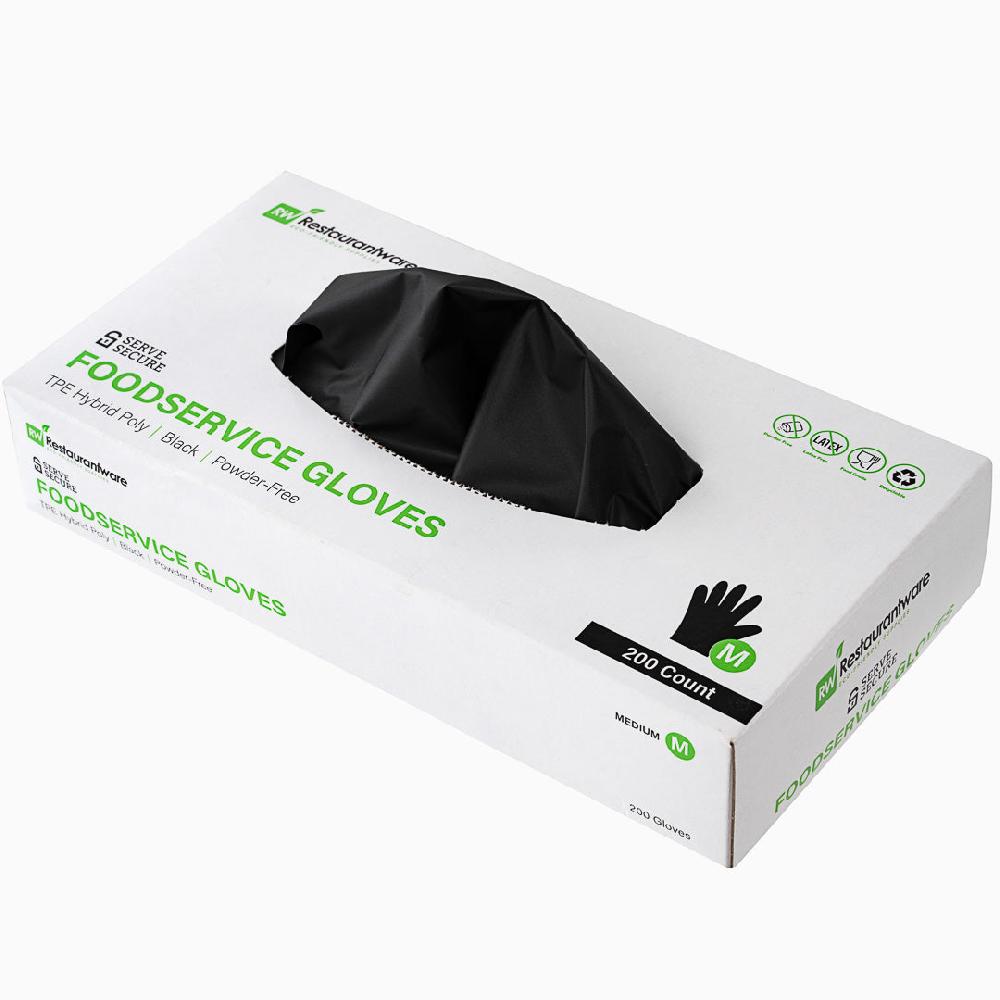 restaurantware Serve Secure Black TPE Hybrid Plastic Medium Foodservice Gloves - Latex Free Powder Free - 10 1/4" x 8 1/2" - 1000 count box