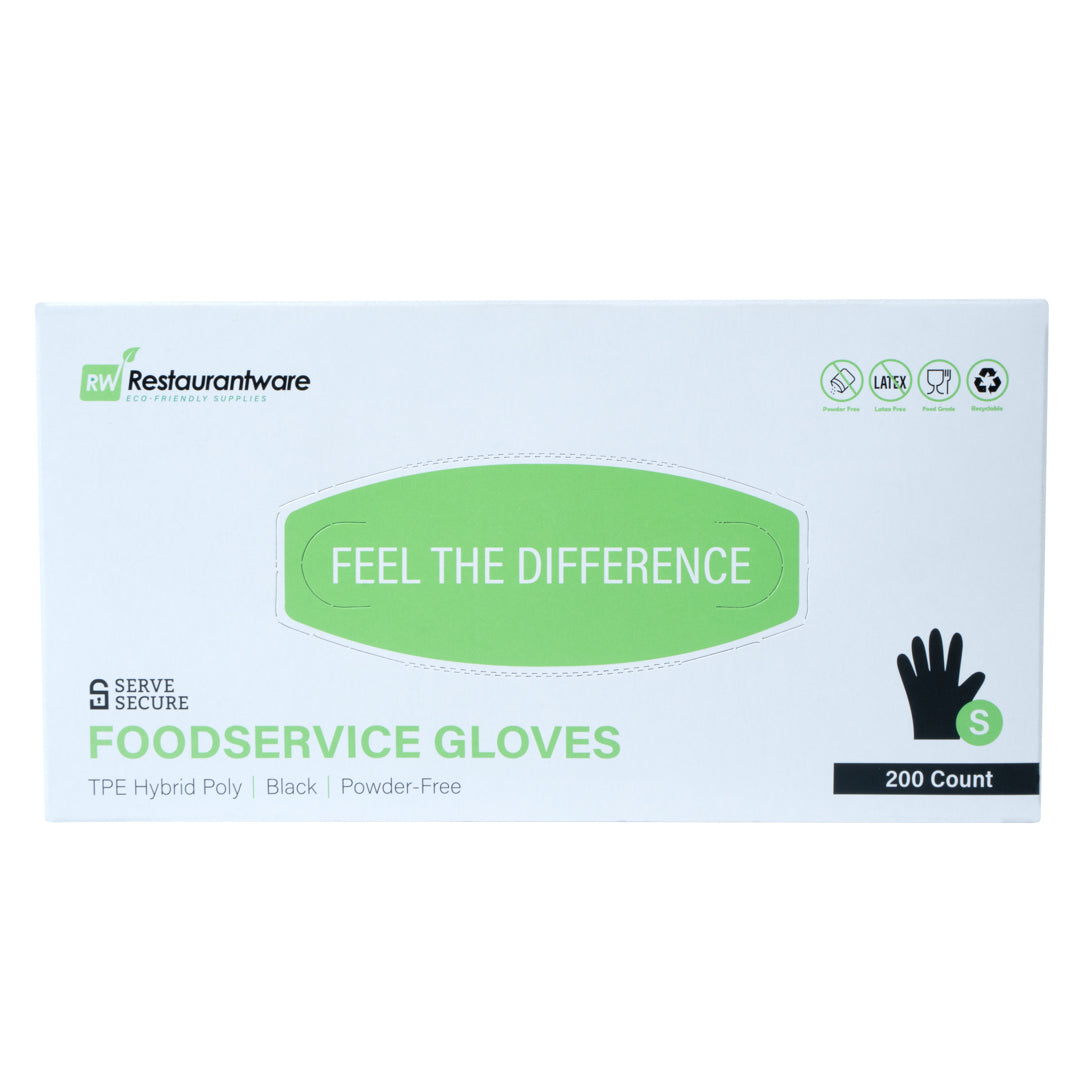 restaurantware Serve Secure Black TPE Hybrid Plastic Small Foodservice Gloves - Latex Free Powder Free - 10" x 8 1/4" - 1000 count box