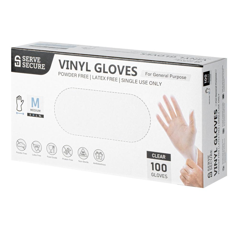 restaurantware Serve Secure Clear Medium Vinyl Gloves - Powder-Free Latex-Free - 9" x 3 3/4" - 1000 count box