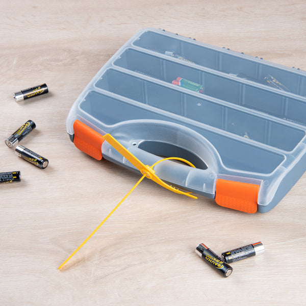 Restaurantware Serve Secure Yellow Security Seal / Zip Tie - Tamper-Evident Self-Locking - 15 3/4" - 100 Count Box