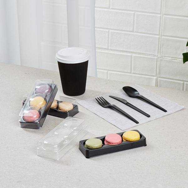 Restaurantware Shock Safe Rectangle Black Plastic Macaron Take Out Box - Fits 3 Macarons - 5 3/4" X 2 1/4" X 1 1/2" - 100 Count Box
