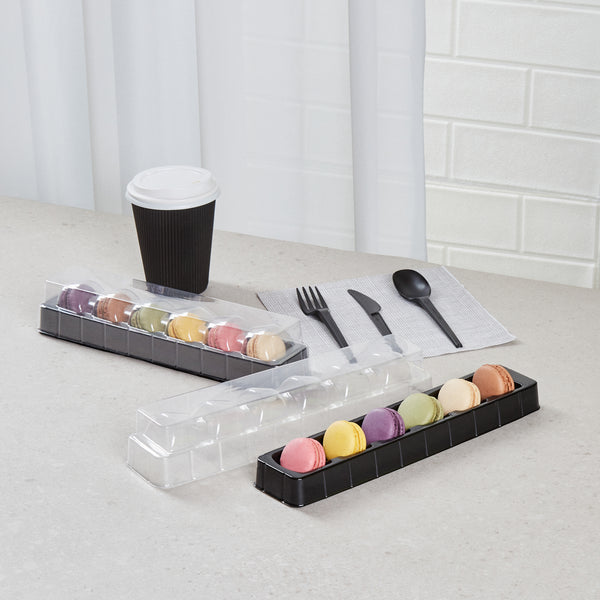 Restaurantware Shock Safe Rectangle Black Plastic Macaron Take Out Box - Fits 6 Macarons - 11" X 2 1/2" X 2" - 100 Count Box
