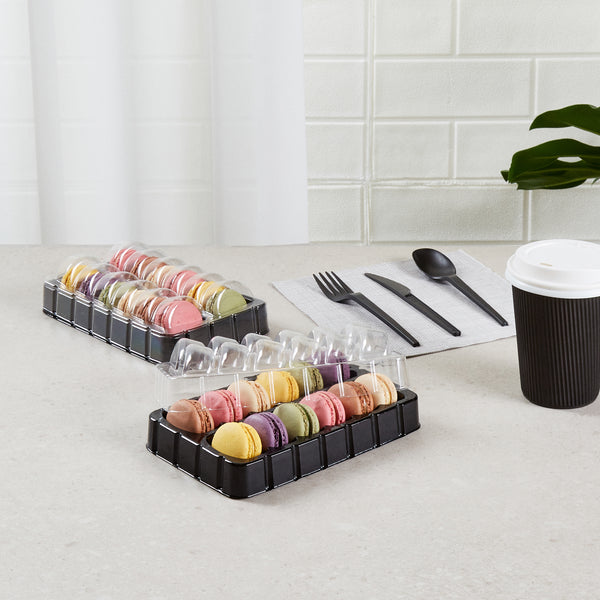 Restaurantware Shock Safe Rectangle Black Plastic Macaron Take Out Box - Fits 12 Macarons - 11" X 4 1/2" X 2" - 100 Count Box