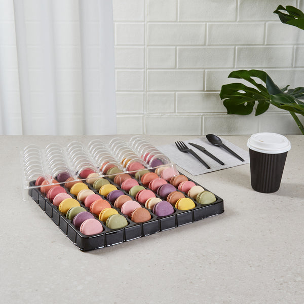 Restaurantware Shock Safe Rectangle Black Plastic Macaron Take Out Box - Fits 48 Macarons - 13 1/4" X 13 1/4" X 2" - 100 Count Box