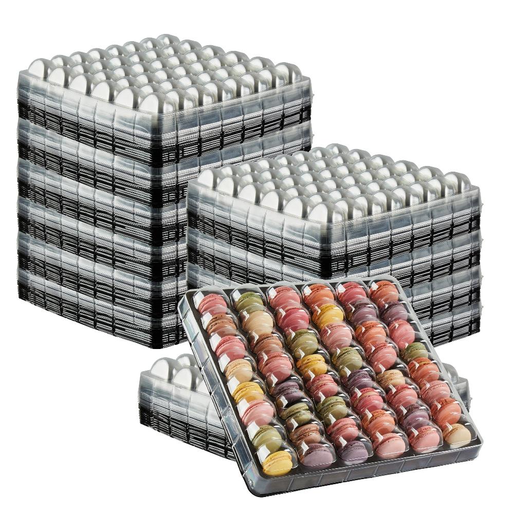restaurantware Shock Safe Rectangle Black Plastic Macaron Take Out Box - Fits 48 Macarons - 13 1/4" x 13 1/4" x 2" - 100 count box