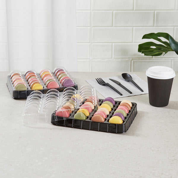 Restaurantware Shock Safe Rectangle Black Plastic Macaron Take Out Box - Fits 24 Macarons - 11" X 9" X 2" - 100 Count Box