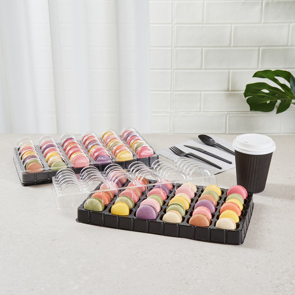 Restaurantware Shock Safe Rectangle Black Plastic Macaron Take Out Box - Fits 36 Macarons - 13 1/4" X 11" X 2" - 100 Count Box