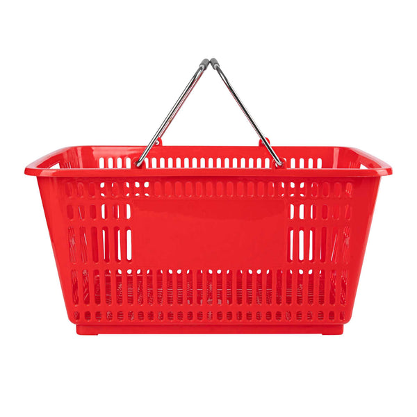 Restaurantware Shop Tek Red Plastic Grocery Market Shopping Basket - With Steel Handles - 19 1/4" X 13" - 10 Count Box