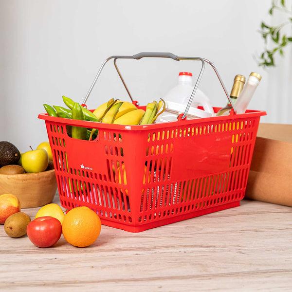 Restaurantware Shop Tek Red Plastic Grocery Market Shopping Basket - With Steel Handles - 19 1/4" X 13" - 10 Count Box