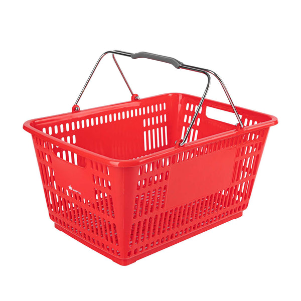 Restaurantware Shop Tek Red Plastic Grocery Market Shopping Basket - With Steel Handles - 19 1/4" X 13" - 10 Count Box