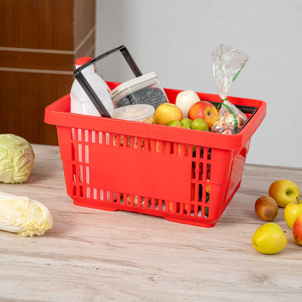 Restaurantware Shop Tek Red Plastic Grocery Market Shopping Basket - With Plastic Handles - 17" X 11 3/4" - 10 Count Box