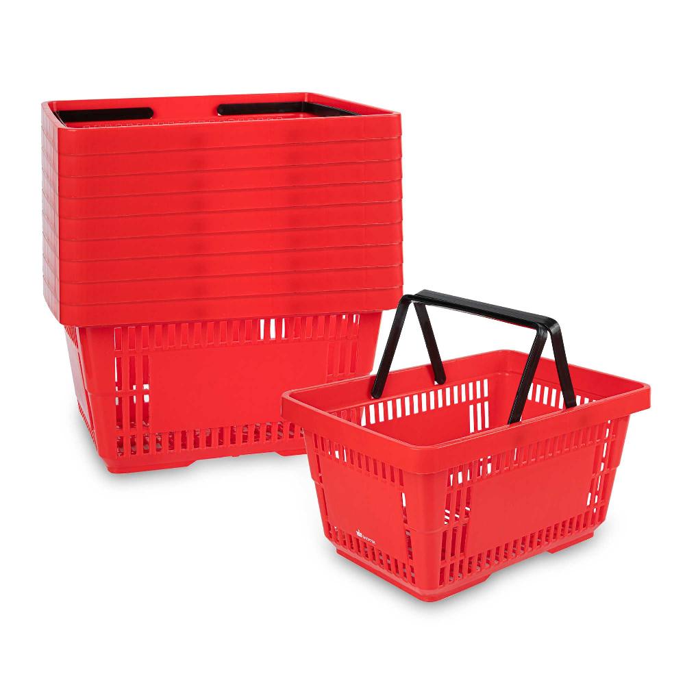 restaurantware Shop Tek Red Plastic Grocery Market Shopping Basket - with Plastic Handles - 17" x 11 3/4" - 10 count box