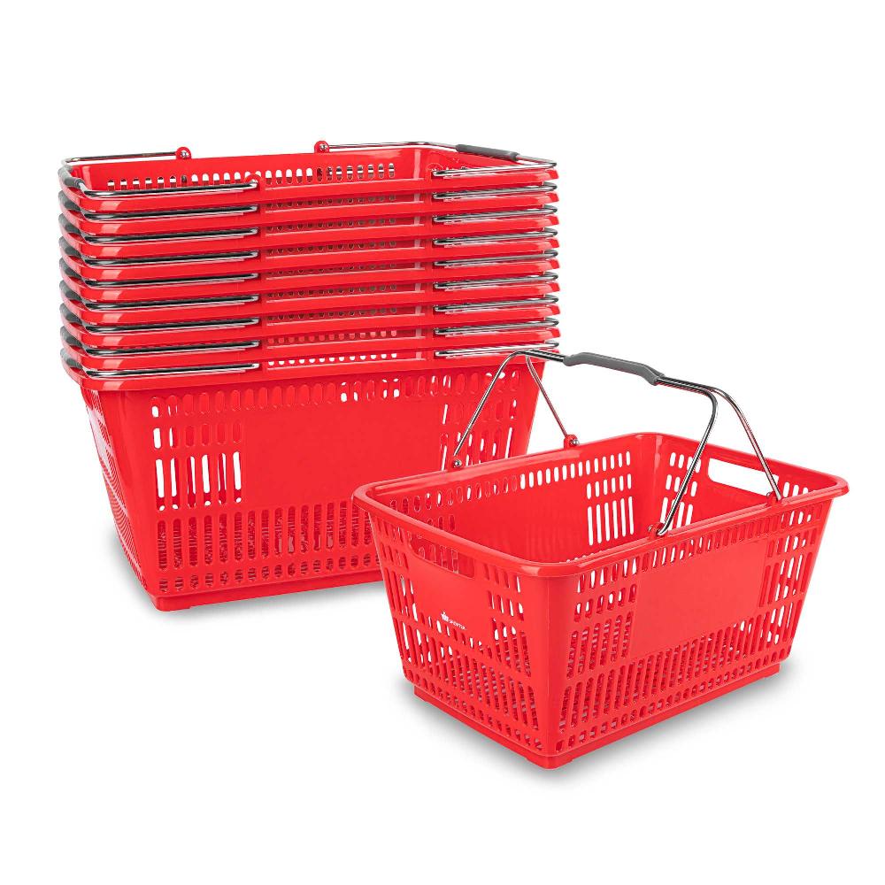 restaurantware Shop Tek Red Plastic Grocery Market Shopping Basket - with Steel Handles - 19 1/4" x 13" - 10 count box