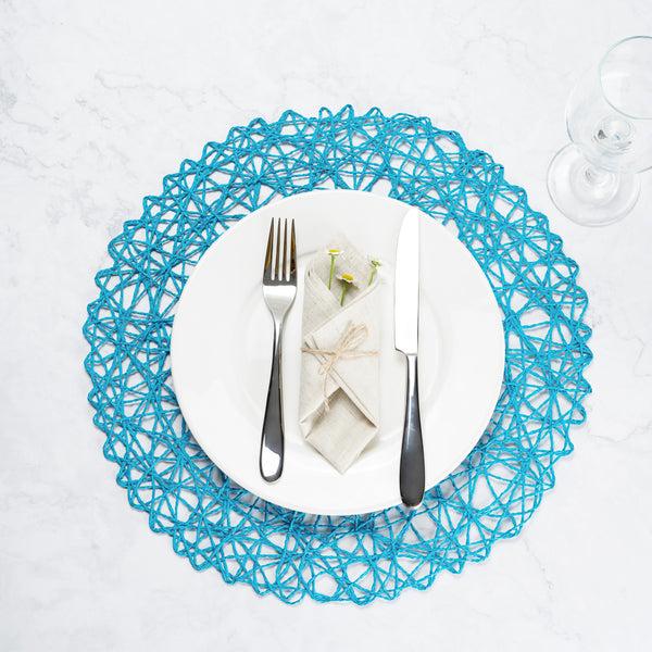 Restaurantware Spinweave Round Cerulean Blue Paper Handmade Placemat - Semi-Disposable - 15" X 15" - 6 Count Box