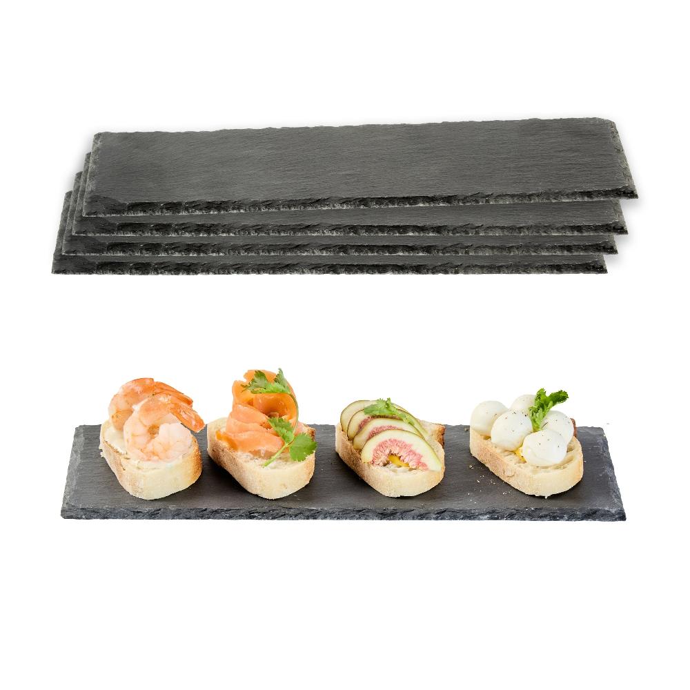 restaurantware Stone Tek Rectangle Black Slate Serving Tray - 11 3/4" x 4" - 4 count box