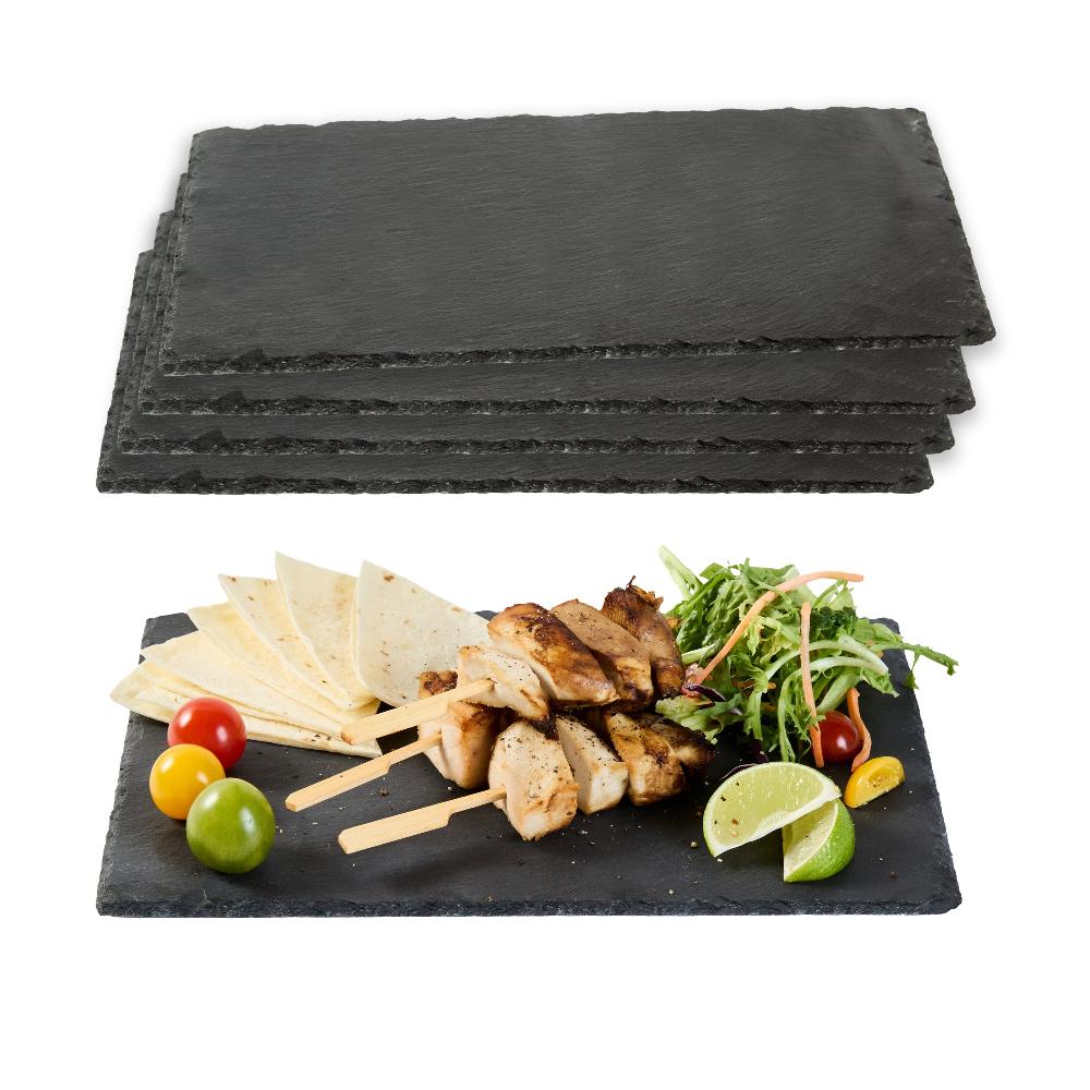 restaurantware Stone Tek Rectangle Black Slate Serving Tray - 11 3/4" x 7 3/4" - 4 count box