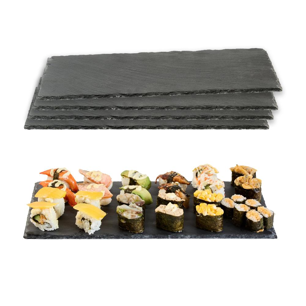 restaurantware Stone Tek Rectangle Black Slate Serving Tray - 15 3/4" x 7 3/4" - 4 count box