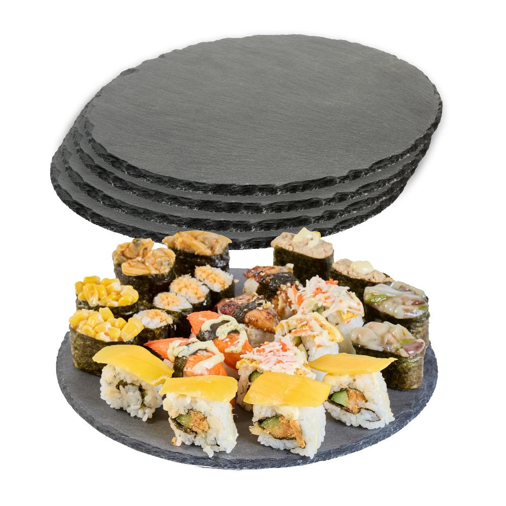 restaurantware Stone Tek Round Black Slate Serving Plate - 9 3/4" x 9 3/4" - 4 count box