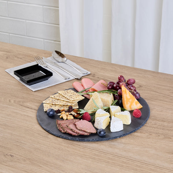Restaurantware Stone Tek Round Black Slate Serving Tray - 11 3/4" X 11 3/4" - 4 Count Box