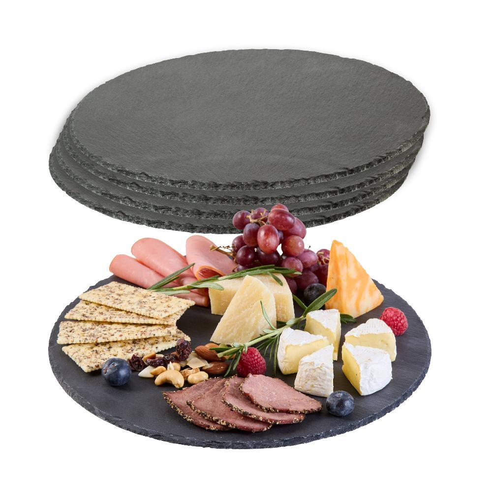 restaurantware Stone Tek Round Black Slate Serving Tray - 11 3/4" x 11 3/4" - 4 count box