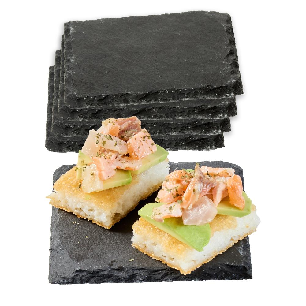 restaurantware Stone Tek Square Black Slate Appetizer / Tasting Plate - 4" x 4" - 10 count box