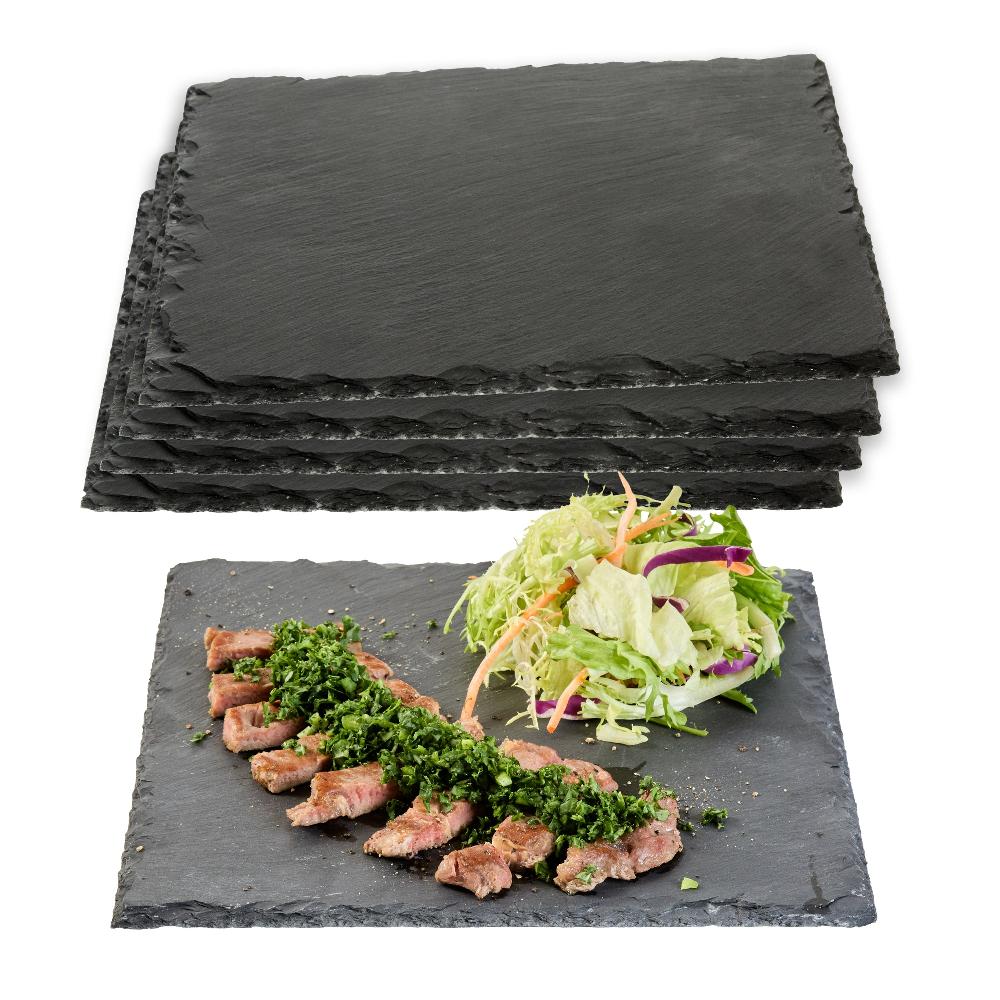 restaurantware Stone Tek Square Black Slate Serving Plate - 10" x 10" - 4 count box