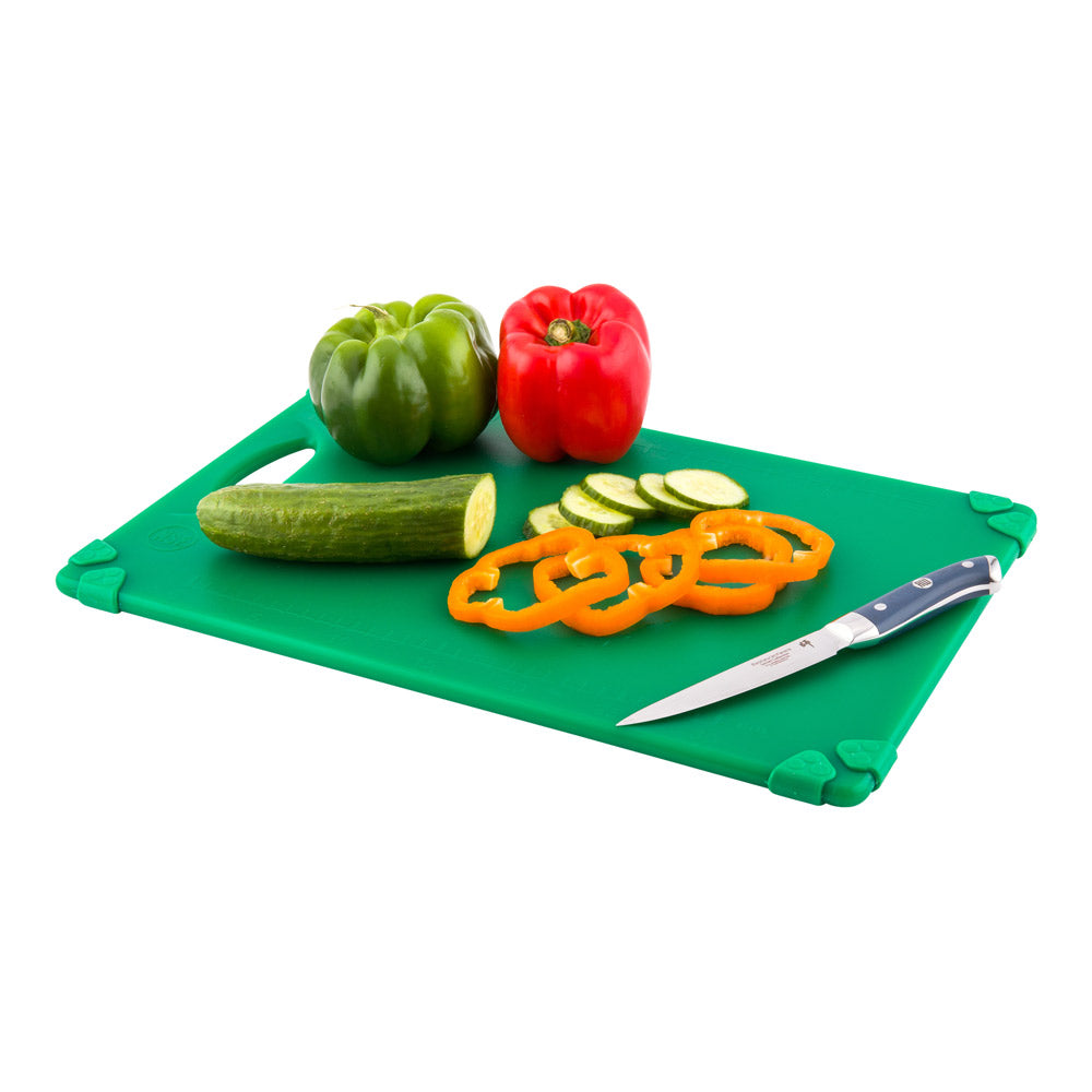 restaurantware Sure Grip Green Plastic Cutting Board - Non-Slip Measurement Markers Carrying Handle - 12" x 18" - 1 count box