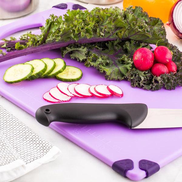 Restaurantware Sure Grip Purple Plastic Cutting Board - Allergen Safe Non-Slip Measurement Markers Carrying Handle - 12" X 18" - 1 Count Box