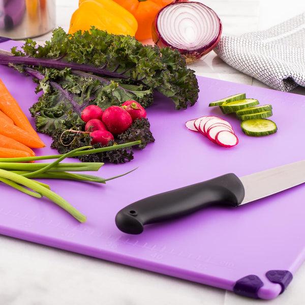 Restaurantware Sure Grip Purple Plastic Cutting Board - Allergen Safe Non-Slip Measurement Markers Carrying Handle - 18" X 24" - 1 Count Box