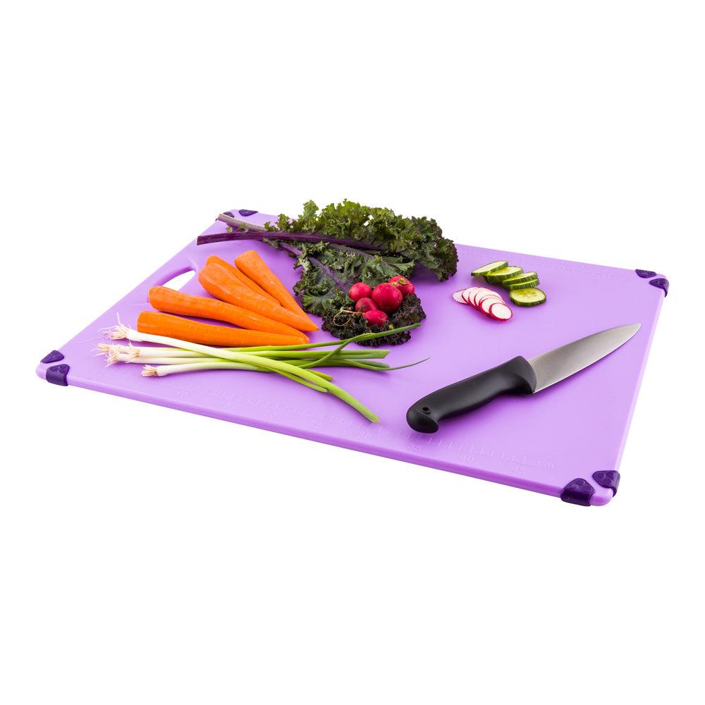 restaurantware Sure Grip Purple Plastic Cutting Board - Allergen Safe Non-Slip Measurement Markers Carrying Handle - 18" x 24" - 1 count box
