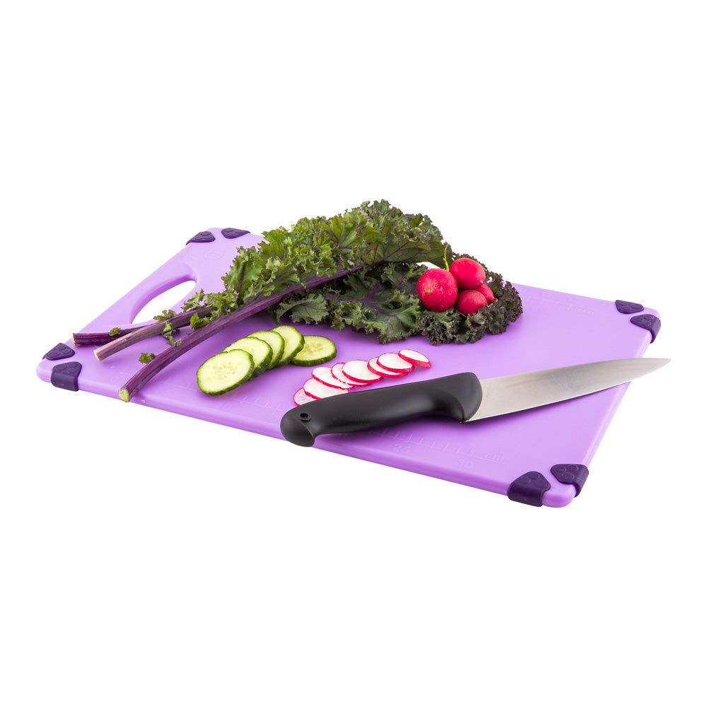 restaurantware Sure Grip Purple Plastic Cutting Board - Allergen Safe Non-Slip Measurement Markers Carrying Handle - 12" x 18" - 1 count box