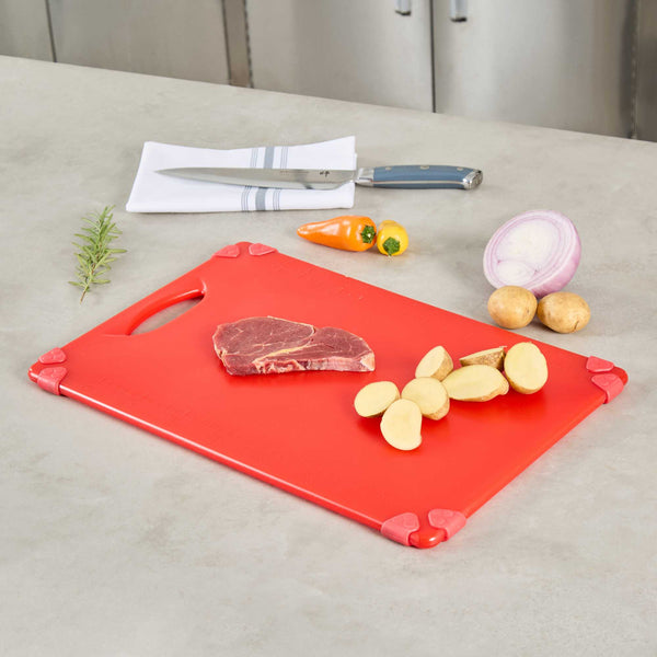 Restaurantware Sure Grip Red Plastic Cutting Board - Non-Slip Measurement Markers Carrying Handle - 12" X 18" - 1 Count Box