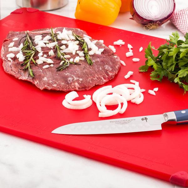 Restaurantware Sure Grip Red Plastic Cutting Board - Non-Slip Measurement Markers Carrying Handle - 18" X 24" - 1 Count Box