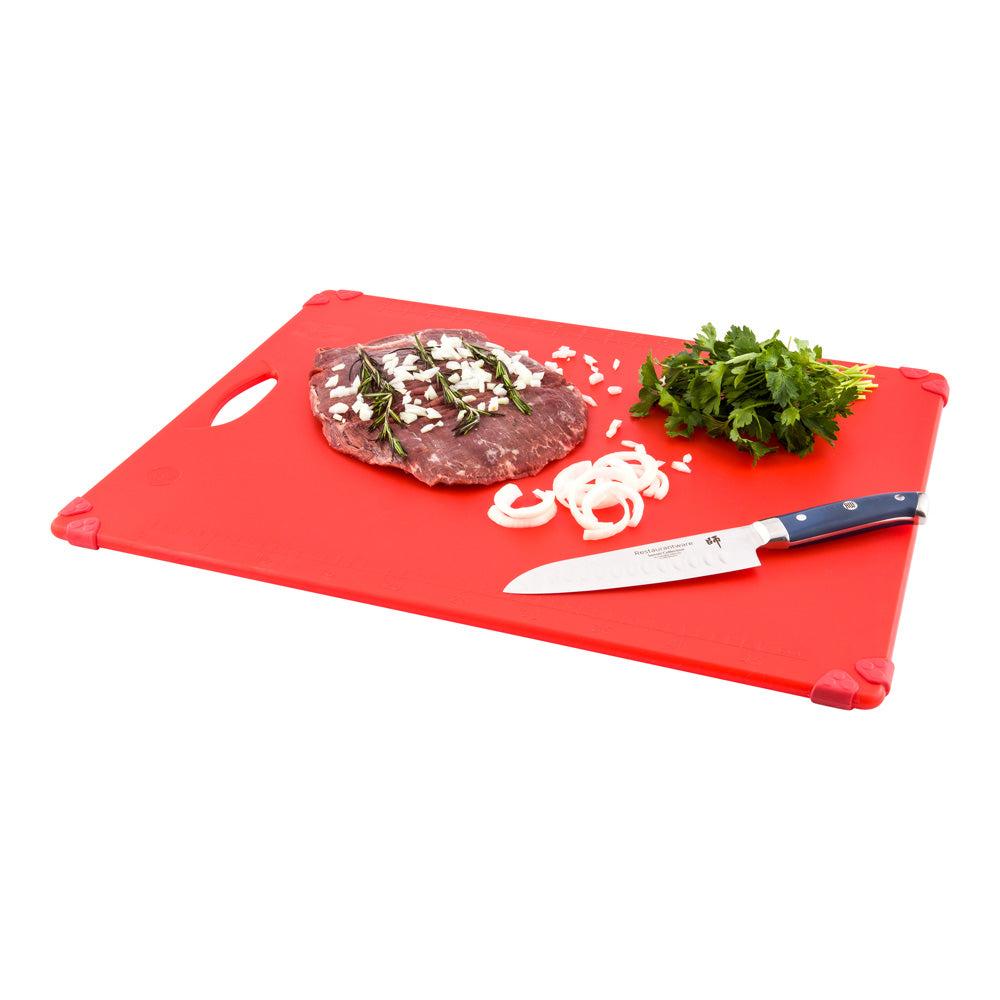 restaurantware Sure Grip Red Plastic Cutting Board - Non-Slip Measurement Markers Carrying Handle - 18" x 24" - 1 count box
