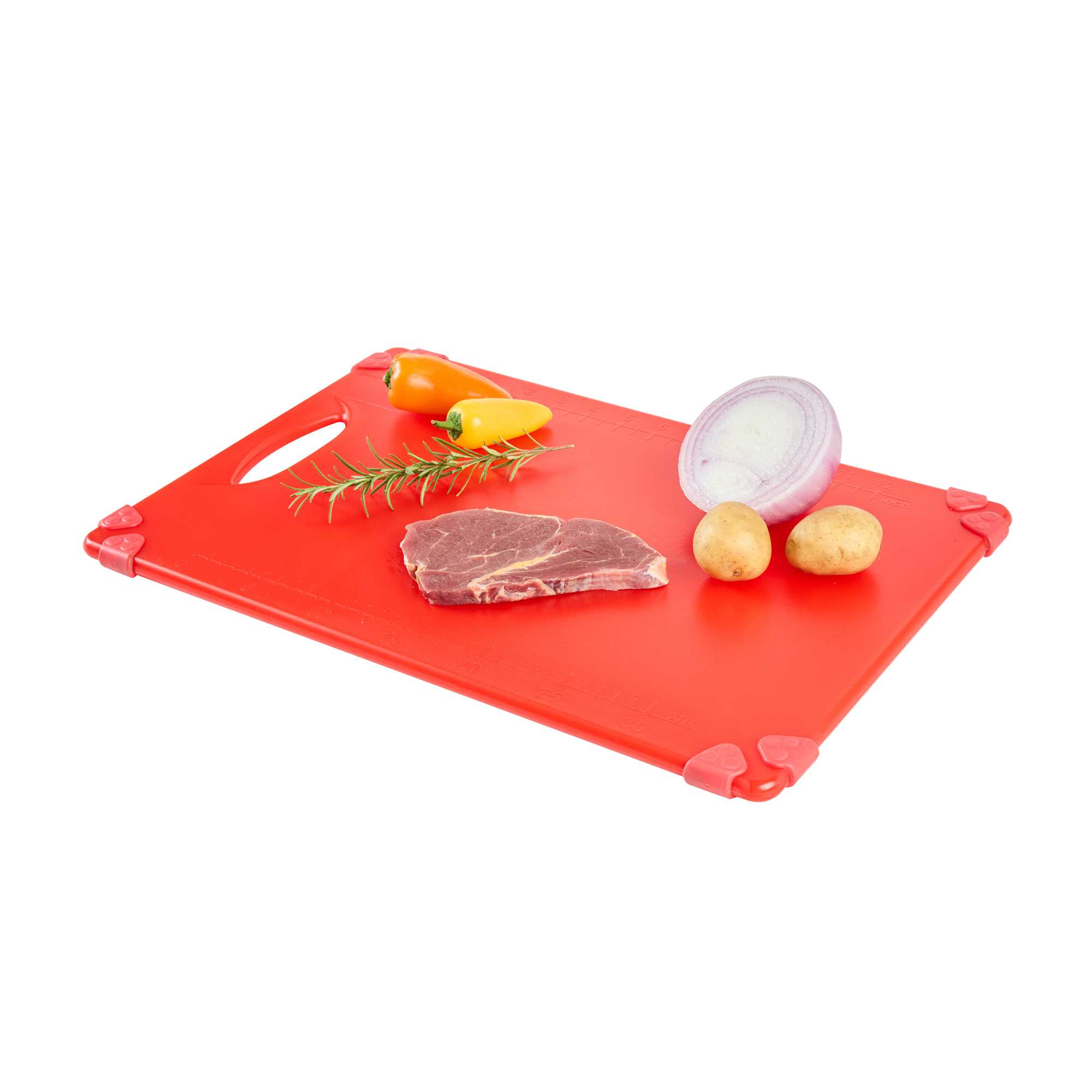 restaurantware Sure Grip Red Plastic Cutting Board - Non-Slip Measurement Markers Carrying Handle - 12" x 18" - 1 count box