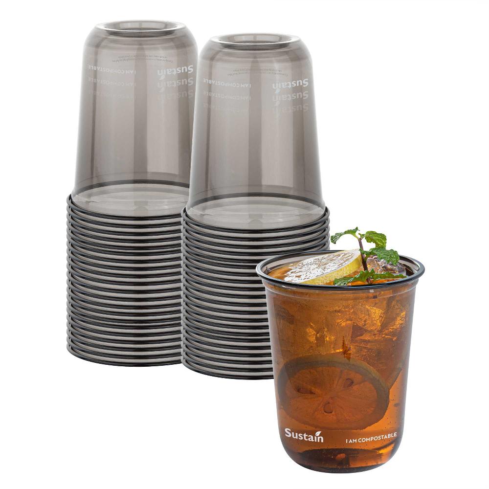 restaurantware Sustain 12 oz U-Shape Black PLA Plastic Drinking Cup - Compostable Rounded Bottom - 3 1/2" x 3 1/2" x 4 1/4" - 1000 count box