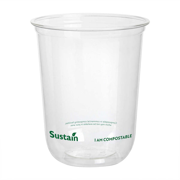 Restaurantware Sustain 12 Oz U-Shape Clear PLA Plastic Drinking Cup - Compostable Rounded Bottom - 3 1/2" X 3 1/2" X 4 1/4" - 1000 Count Box