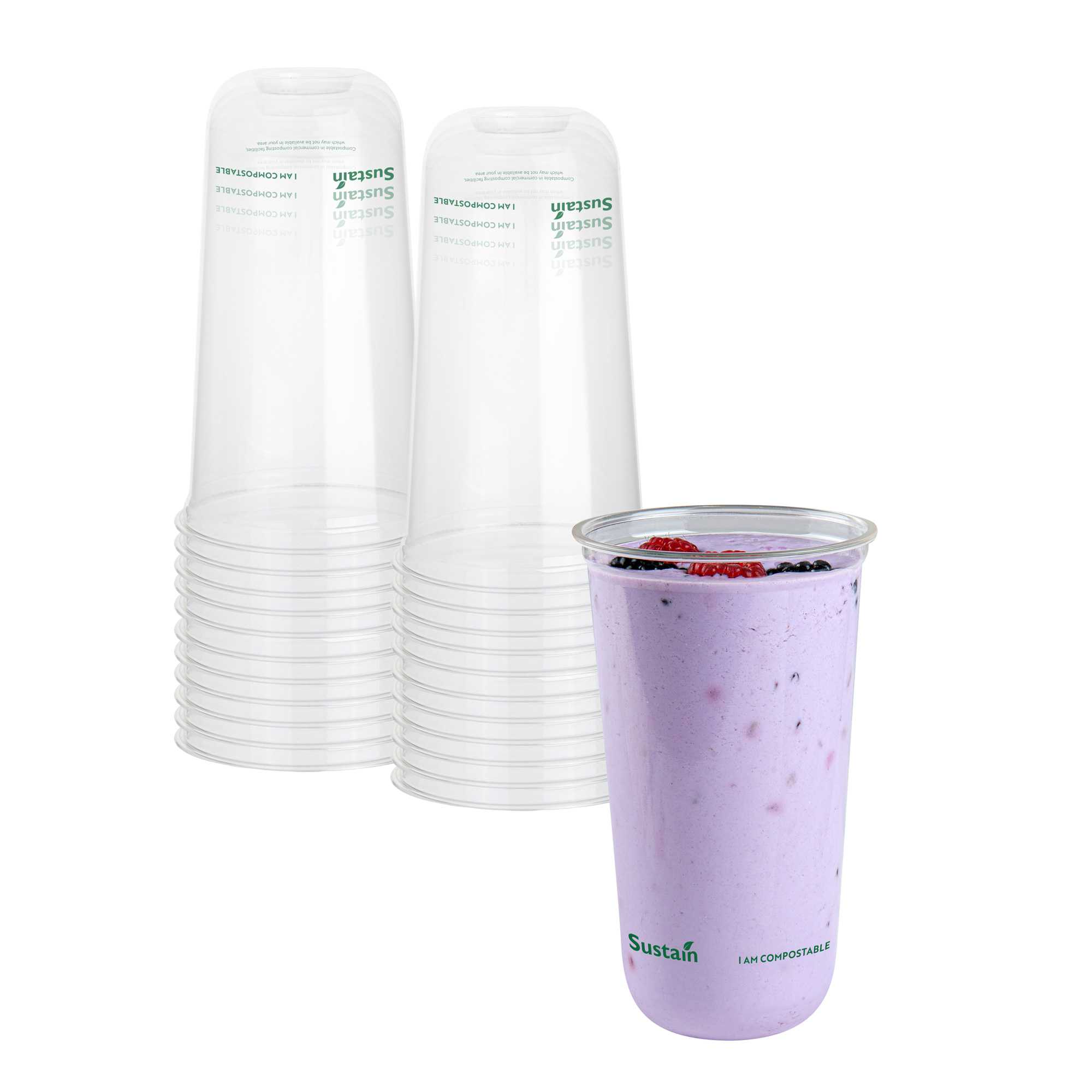 restaurantware Sustain 24 oz U-Shape Clear PLA Plastic Drinking Cup - Compostable Rounded Bottom - 3 1/2" x 3 1/2" x 6" - 1000 count box